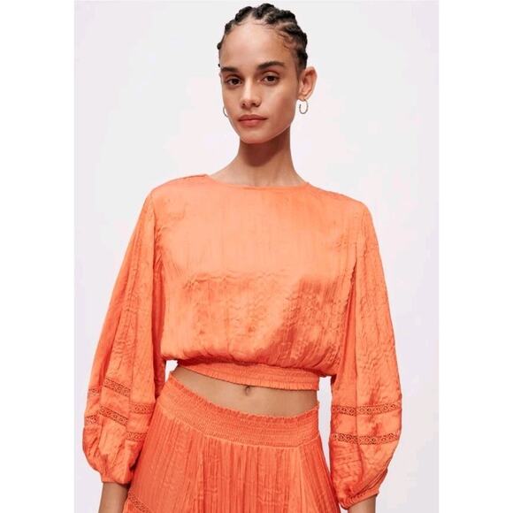 Maje Tops - Maje Crinkle-effect satin crop top Orange Size L